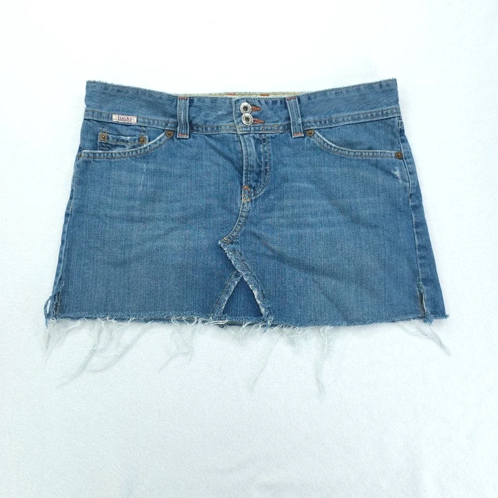 Lucky Brand Skirt Womens 8 Blue Denim Dungarees Mini Frayed Hem Y2K USA Made Raw